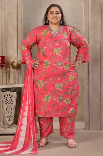 Gajri color rayon prited plus size kurta set with dupatta