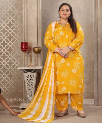 Mustard color rayon prited plus size kurta set with dupatta 1