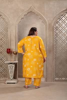 Mustard color rayon prited plus size kurta set with dupatta 3