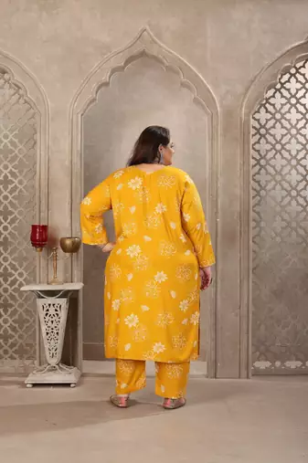 Mustard color rayon prited plus size kurta set with dupatta