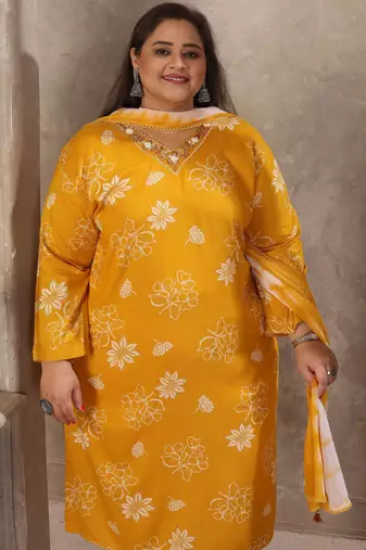 Mustard color rayon prited plus size kurta set with dupatta