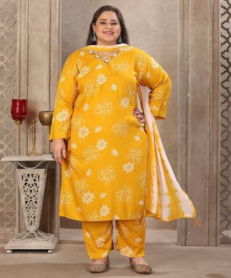 Mustard color rayon prited plus size kurta set with dupatta 5