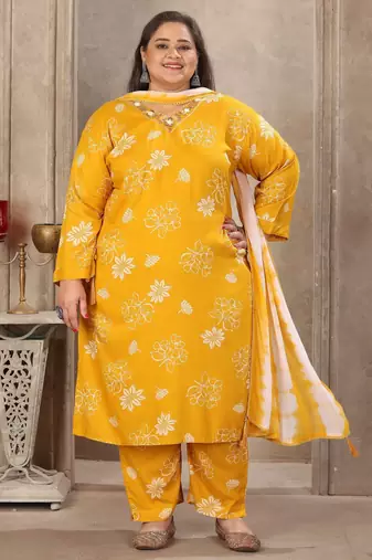 Mustard color rayon prited plus size kurta set with dupatta