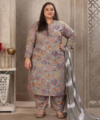 Grey color rayon prited plus size kurta set with dupatta 1