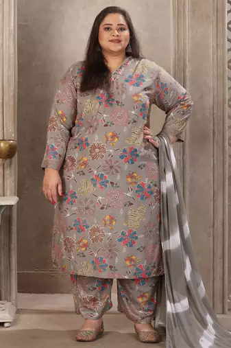 Grey color rayon fabric prited plus size kurta set with dupatta