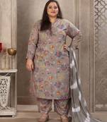 Grey color rayon fabric prited plus size kurta set with dupatta