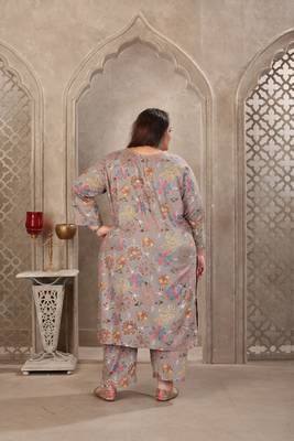 Grey color rayon prited plus size kurta set with dupatta 3