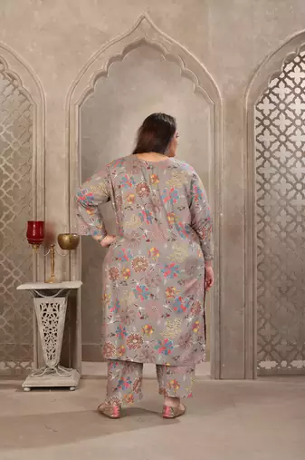 Grey color rayon prited plus size kurta set with dupatta