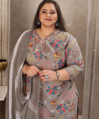 Grey color rayon prited plus size kurta set with dupatta 4