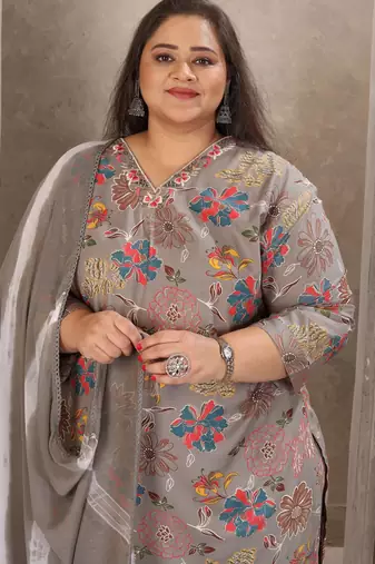 Grey color rayon prited plus size kurta set with dupatta