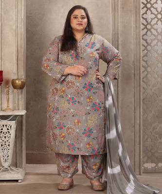 Grey color rayon prited plus size kurta set with dupatta 5