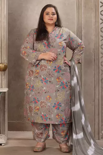 Grey color rayon prited plus size kurta set with dupatta