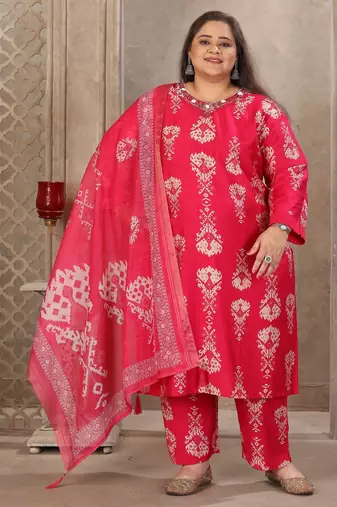 Pink color lichi viscose fabric prited plus size kurta set with dupatta