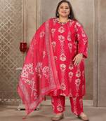 Pink color lichi viscose fabric prited plus size kurta set with dupatta