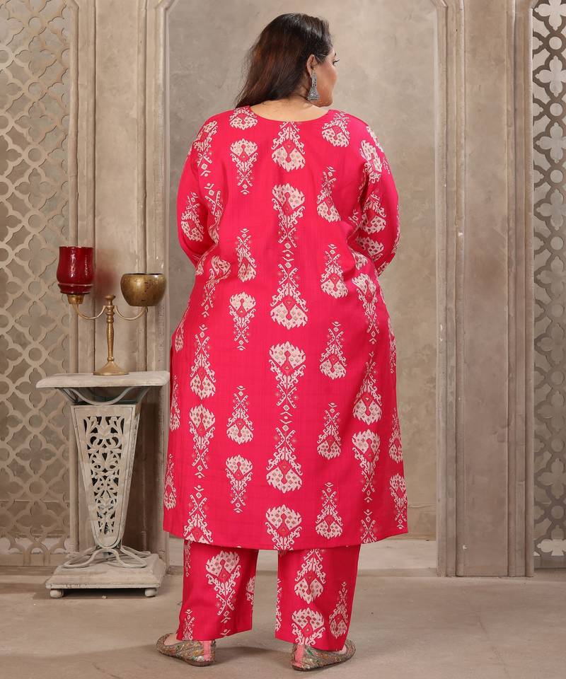 Pink color lichi viscose fabric prited plus size kurta set with dupatta