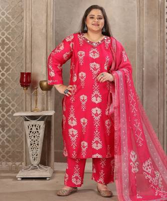 Pink color lichi viscosee prited plus size kurta set with dupatta 5