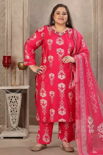Pink color lichi viscosee prited plus size kurta set with dupatta
