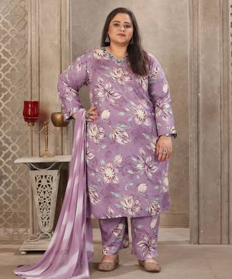 Lavender color rayon prited plus size kurta set with dupatta 1