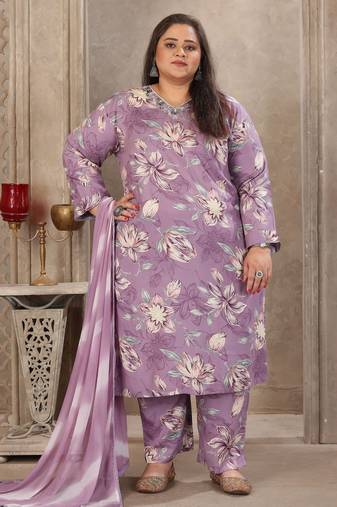 Lavender color rayon fabric prited plus size kurta set with dupatta