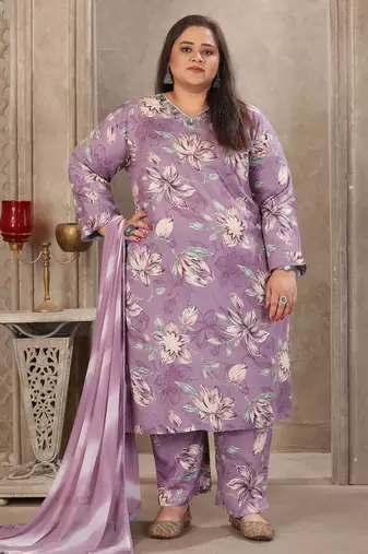 Lavender color rayon fabric prited plus size kurta set with dupatta