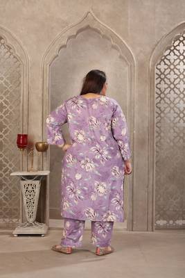Lavender color rayon prited plus size kurta set with dupatta 3