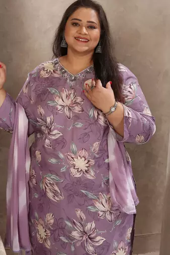 Lavender color rayon prited plus size kurta set with dupatta