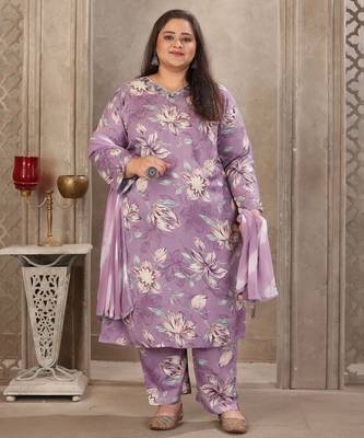 Lavender color rayon prited plus size kurta set with dupatta 5
