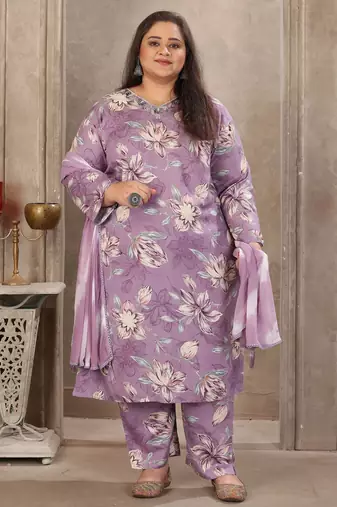 Lavender color rayon prited plus size kurta set with dupatta