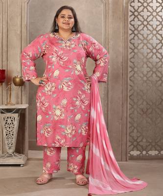 Onion color rayon prited plus size kurta set with dupatta 1