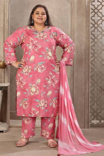 Onion color rayon fabric prited plus size kurta set with dupatta