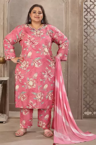 Onion color rayon fabric prited plus size kurta set with dupatta