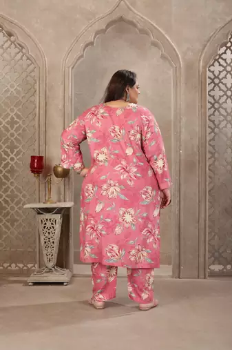 Onion color rayon prited plus size kurta set with dupatta
