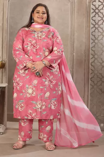 Onion color rayon prited plus size kurta set with dupatta