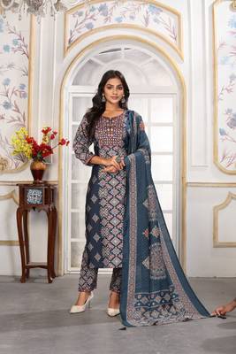 Blue color chanderi printed readymade kurta set for trendy girls 1