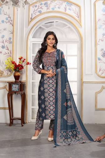 Blue color chanderi fabric designer printed readymade kurta set for trendy girls
