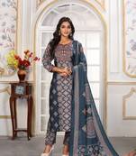 Blue color chanderi fabric printed readymade kurta set for trendy girls