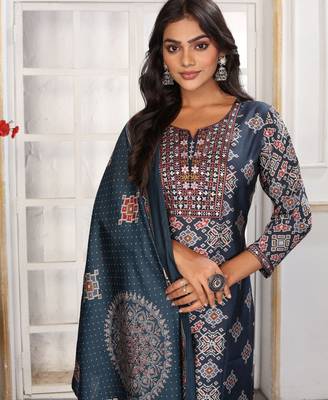 Blue color chanderi printed readymade kurta set for trendy girls 4