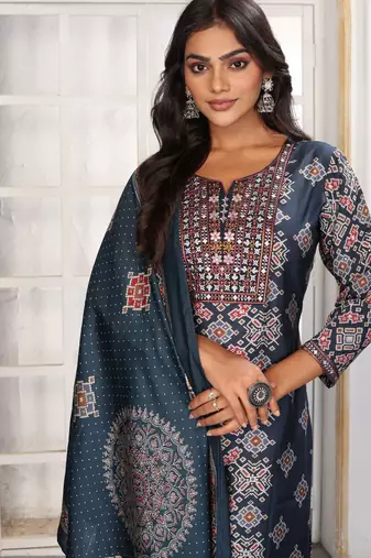 Blue color chanderi printed readymade kurta set for trendy girls