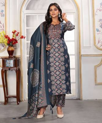 Blue color chanderi printed readymade kurta set for trendy girls 5