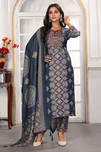 Blue color chanderi printed readymade kurta set for trendy girls