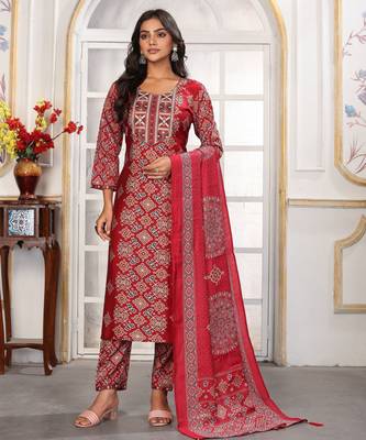 Red color chanderi printed readymade kurta set for trendy girls 1