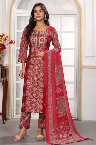 Red color chanderi fabric designer printed readymade kurta set for trendy girls