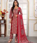 Red color chanderi fabric printed readymade kurta set for trendy girls