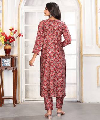 Red color chanderi printed readymade kurta set for trendy girls 3