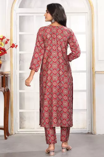 Red color chanderi printed readymade kurta set for trendy girls