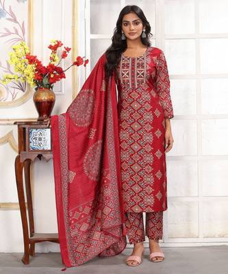 Red color chanderi printed readymade kurta set for trendy girls 5