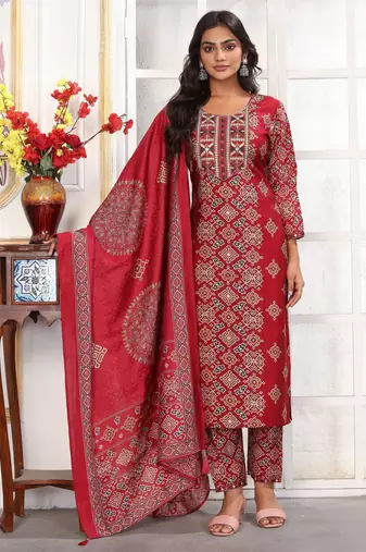 Red color chanderi printed readymade kurta set for trendy girls