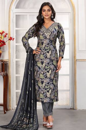 Black color chanderi fabric designer printed readymade kurta set for trendy girls