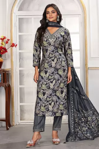 Black color chanderi printed readymade kurta set for trendy girls