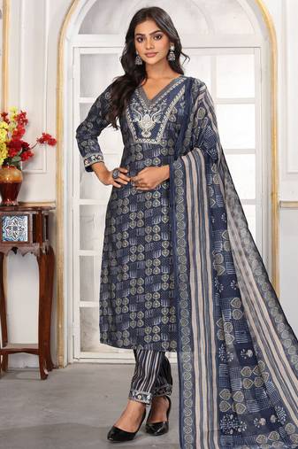 Blue color chanderi fabric designer printed readymade kurta set for trendy girls